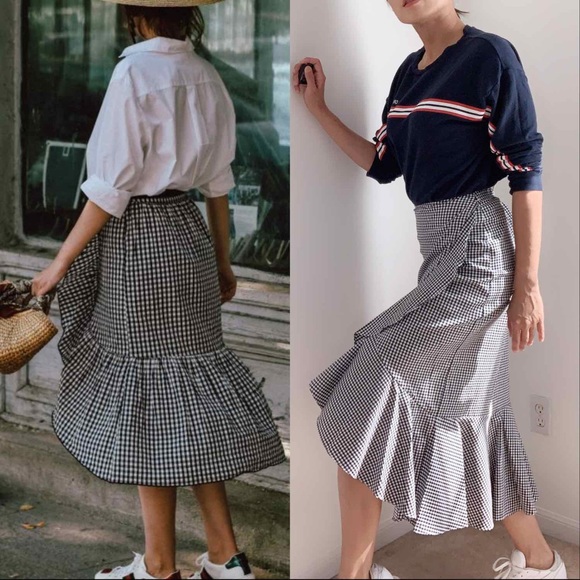 Midi Soft ruffle gingham skirt- Black White - Picture 2 of 5